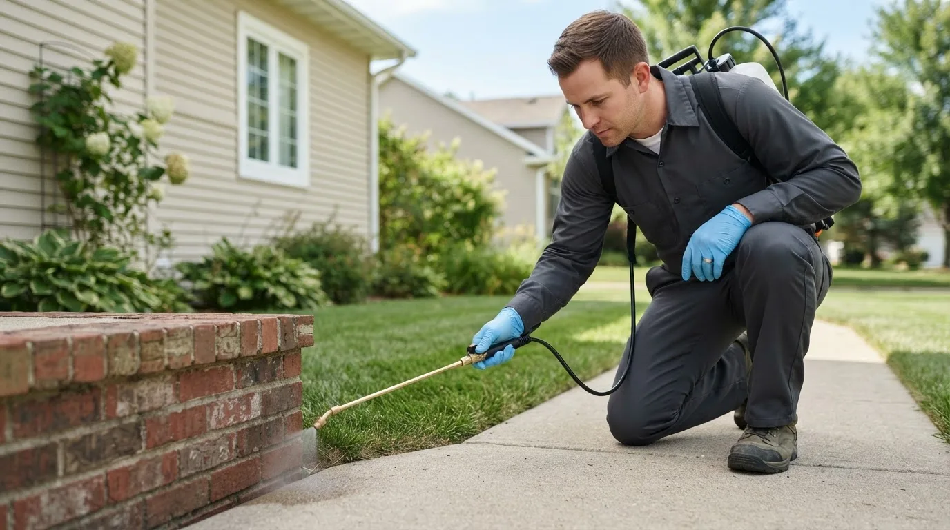 Pest control technician treating a home near Dunlap, IA