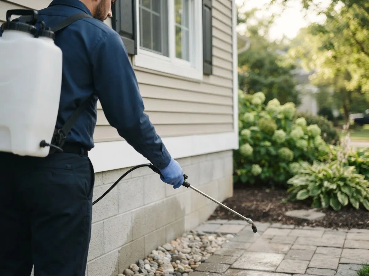 Pest control technician inspecting a home in Dunlap, IA